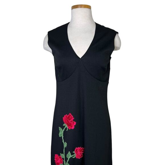 Vintage 60s Black Maxi Dress Red Rose Appliqué Sleeveless Mod Witchy XS/S - Picture 3 of 8